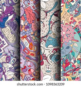 Set of tracery colorful seamless patterns. Vertical stripes. Curved doodling backgrounds for textile or printing with mehndi and ethnic motives. Vector
