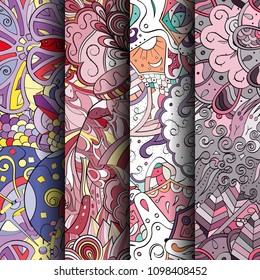 Set of tracery colorful seamless patterns. Vertical stripes. Curved doodling backgrounds for textile or printing with mehndi and ethnic motives. Vector