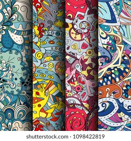 Set of tracery colorful seamless patterns. Vertical stripes. Curved doodling backgrounds for textile or printing with mehndi and ethnic motives. Vector