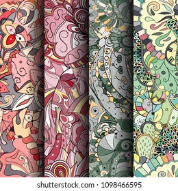 Set of tracery colorful seamless patterns. Vertical stripes. Curved doodling backgrounds for textile or printing with mehndi and ethnic motives. Vector