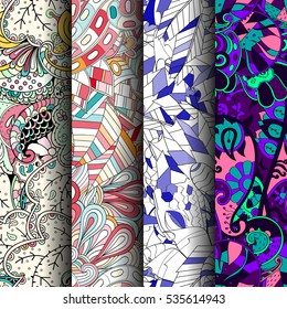 Set of tracery colorful seamless patterns. Curved doodling backgrounds for textile of printing with mehndi and ethnic motives. Vector.