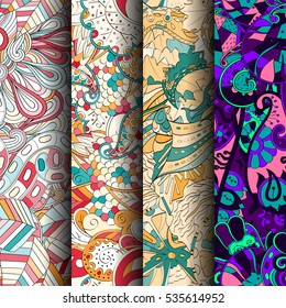 Set of tracery colorful seamless patterns. Curved doodling backgrounds for textile of printing with mehndi and ethnic motives. Vector.