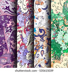 Set of tracery colorful seamless patterns. Curved doodling backgrounds for textile of printing with mehndi and ethnic motives. Vector.