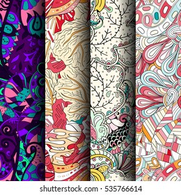 Set of tracery colorful seamless patterns. Curved doodling backgrounds for textile of printing with mehndi and ethnic motives. Vector.