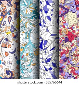 Set of tracery colorful seamless patterns. Curved doodling backgrounds for textile of printing with mehndi and ethnic motives. Vector.
