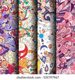 Set of tracery colorful seamless patterns. Curved doodling backgrounds for textile of printing with mehndi and ethnic motives. Vector.