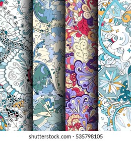 Set of tracery colorful seamless patterns. Curved doodling backgrounds for textile of printing with mehndi and ethnic motives. Vector.