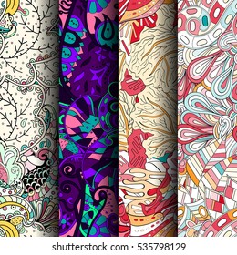 Set of tracery colorful seamless patterns. Curved doodling backgrounds for textile of printing with mehndi and ethnic motives. Vector.