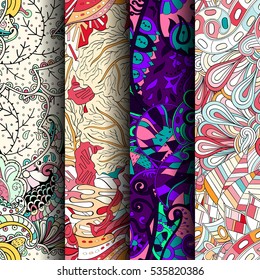 Set of tracery colorful seamless patterns. Curved doodling backgrounds for textile of printing with mehndi and ethnic motives. Vector.
