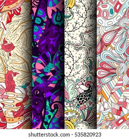 Set of tracery colorful seamless patterns. Curved doodling backgrounds for textile of printing with mehndi and ethnic motives. Vector.