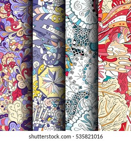 Set of tracery colorful seamless patterns. Curved doodling backgrounds for textile of printing with mehndi and ethnic motives. Vector.