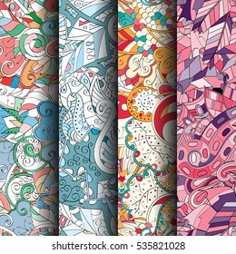 Set of tracery colorful seamless patterns. Curved doodling backgrounds for textile of printing with mehndi and ethnic motives. Vector.