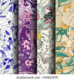 Set of tracery colorful seamless patterns. Curved doodling backgrounds for textile of printing with mehndi and ethnic motives. Vector.