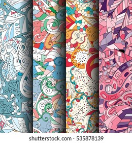 Set of tracery colorful seamless patterns. Curved doodling backgrounds for textile of printing with mehndi and ethnic motives. Vector.