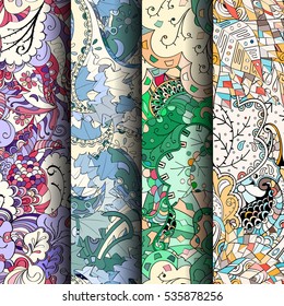 Set of tracery colorful seamless patterns. Curved doodling backgrounds for textile of printing with mehndi and ethnic motives. Vector.
