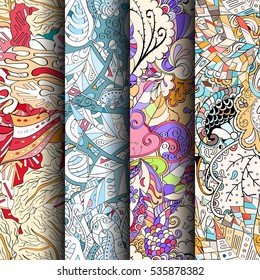 Set of tracery colorful seamless patterns. Curved doodling backgrounds for textile of printing with mehndi and ethnic motives. Vector.