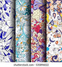 Set of tracery colorful seamless patterns. Curved doodling backgrounds for textile of printing with mehndi and ethnic motives. Vector.