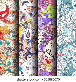 Set of tracery colorful seamless patterns. Curved doodling backgrounds for textile of printing with mehndi and ethnic motives. Vector.