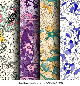 Set of tracery colorful seamless patterns. Curved doodling backgrounds for textile of printing with mehndi and ethnic motives. Vector.
