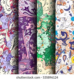 Set of tracery colorful seamless patterns. Curved doodling backgrounds for textile of printing with mehndi and ethnic motives. Vector.