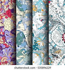 Set of tracery colorful seamless patterns. Curved doodling backgrounds for textile of printing with mehndi and ethnic motives. Vector.