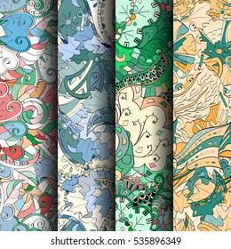 Set of tracery colorful seamless patterns. Curved doodling backgrounds for textile of printing with mehndi and ethnic motives. Vector.