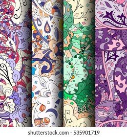 Set of tracery colorful seamless patterns. Curved doodling backgrounds for textile of printing with mehndi and ethnic motives. Vector.