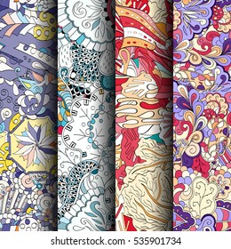 Set of tracery colorful seamless patterns. Curved doodling backgrounds for textile of printing with mehndi and ethnic motives. Vector.