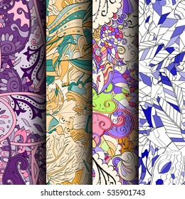 Set of tracery colorful seamless patterns. Curved doodling backgrounds for textile of printing with mehndi and ethnic motives. Vector.