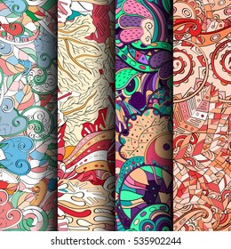 Set of tracery colorful seamless patterns. Curved doodling backgrounds for textile of printing with mehndi and ethnic motives. Vector.