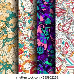 Set of tracery colorful seamless patterns. Curved doodling backgrounds for textile of printing with mehndi and ethnic motives. Vector.