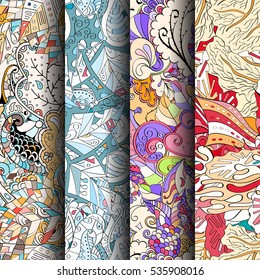 Set of tracery colorful seamless patterns. Curved doodling backgrounds for textile of printing with mehndi and ethnic motives. Vector.