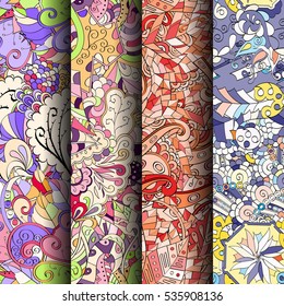 Set of tracery colorful seamless patterns. Curved doodling backgrounds for textile of printing with mehndi and ethnic motives. Vector.