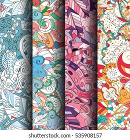 Set of tracery colorful seamless patterns. Curved doodling backgrounds for textile of printing with mehndi and ethnic motives. Vector.