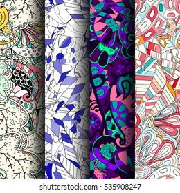 Set of tracery colorful seamless patterns. Curved doodling backgrounds for textile of printing with mehndi and ethnic motives. Vector.
