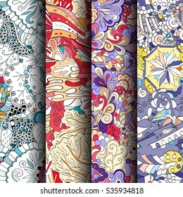 Set of tracery colorful seamless patterns. Curved doodling backgrounds for textile of printing with mehndi and ethnic motives. Vector.