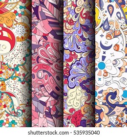 Set of tracery colorful seamless patterns. Curved doodling backgrounds for textile of printing with mehndi and ethnic motives. Vector.