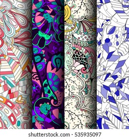 Set of tracery colorful seamless patterns. Curved doodling backgrounds for textile of printing with mehndi and ethnic motives. Vector.