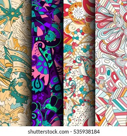 Set of tracery colorful seamless patterns. Curved doodling backgrounds for textile of printing with mehndi and ethnic motives. Vector.