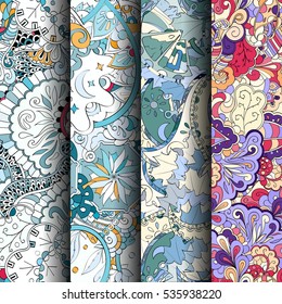 Set of tracery colorful seamless patterns. Curved doodling backgrounds for textile of printing with mehndi and ethnic motives. Vector.