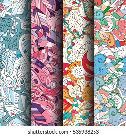 Set of tracery colorful seamless patterns. Curved doodling backgrounds for textile of printing with mehndi and ethnic motives. Vector.