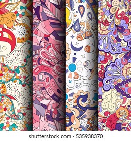 Set of tracery colorful seamless patterns. Curved doodling backgrounds for textile of printing with mehndi and ethnic motives. Vector.