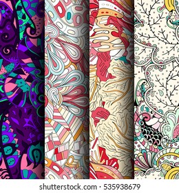 Set of tracery colorful seamless patterns. Curved doodling backgrounds for textile of printing with mehndi and ethnic motives. Vector.