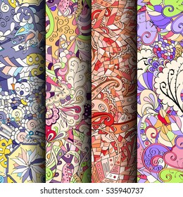 Set of tracery colorful seamless patterns. Curved doodling backgrounds for textile of printing with mehndi and ethnic motives. Vector.