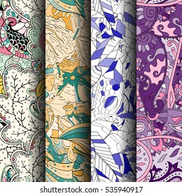Set of tracery colorful seamless patterns. Curved doodling backgrounds for textile of printing with mehndi and ethnic motives. Vector.