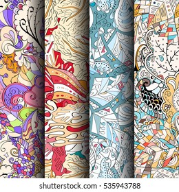 Set of tracery colorful seamless patterns. Curved doodling backgrounds for textile of printing with mehndi and ethnic motives. Vector.