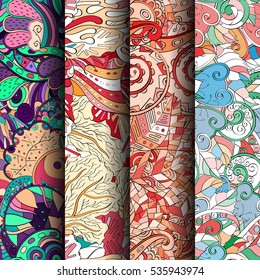 Set of tracery colorful seamless patterns. Curved doodling backgrounds for textile of printing with mehndi and ethnic motives. Vector.
