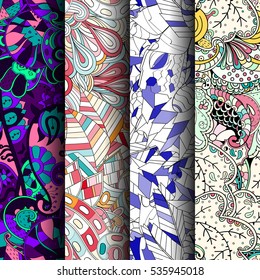 Set of tracery colorful seamless patterns. Curved doodling backgrounds for textile of printing with mehndi and ethnic motives. Vector.