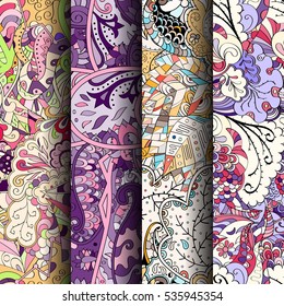 Set of tracery colorful seamless patterns. Curved doodling backgrounds for textile of printing with mehndi and ethnic motives. Vector.