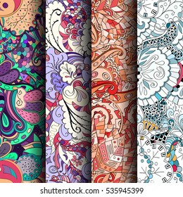 Set of tracery colorful seamless patterns. Curved doodling backgrounds for textile of printing with mehndi and ethnic motives. Vector.